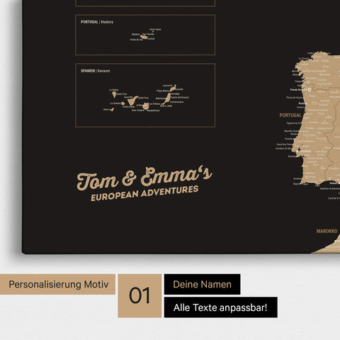 Map of Europe as a pinboard canvas in Treasure Gold with personalization and name in a modern script font