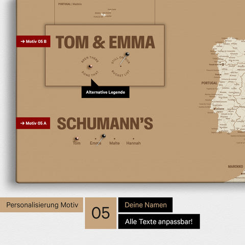 Europa-Karte in einem modernen Design in Treasure Gold als Pinn-Leinwand mit Personalisierung als Logo mit einer Weltkugel