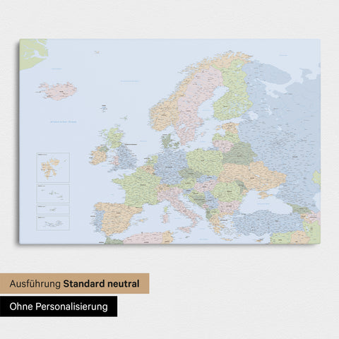 Neutrale Standard Ausführung der detaillierten Politische Europakarte als Pinnwand Leinwand in Multicolor Atlas ohne Personalisierung