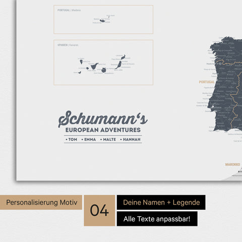 Europakarte als Poster in Denim Blue mit Personalisierung als Logo mit Familiennamen und Legende für Orte, die man bereits besucht hat und noch besuchen möchte