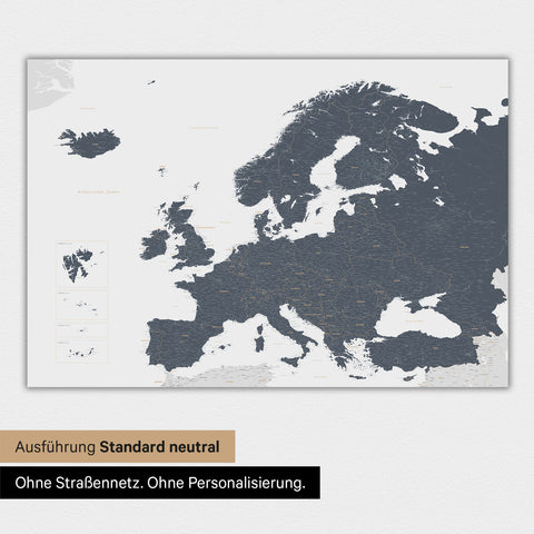 Neutrale Ausführung einer Landkarte von Europa als Poster in der Farbe Denim Blue
