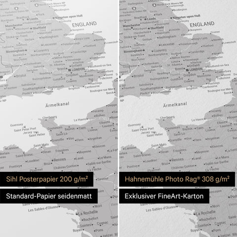 Europakarte Poster in Hellgrau, erhältlich in den Papiersorten Sihl Posterpapier seidenmatt oder Hahnemühle Photo Rag
