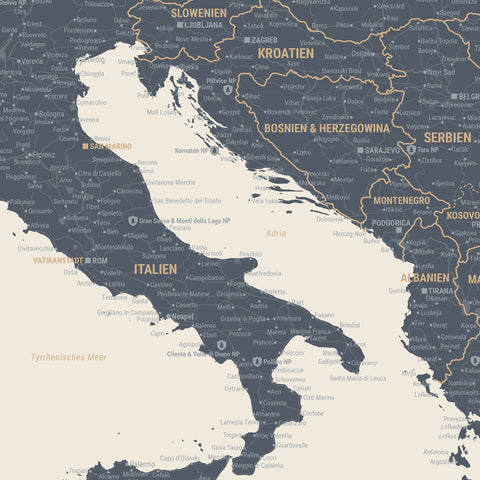 Europa Landkarte Poster in Navy Light zeigt einen Ausschnitt von England, Frankreich und Belgien