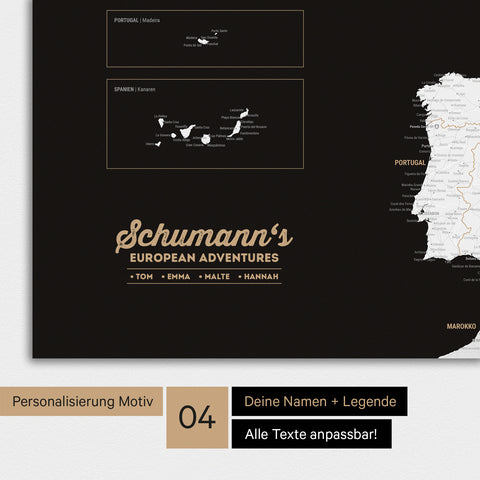 Europakarte als Poster in Schwarz-Weiss mit Personalisierung als Logo mit Familiennamen und Legende für Orte, die man bereits besucht hat und noch besuchen möchte