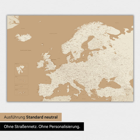 Neutrale Ausführung einer Landkarte von Europa als Poster in der Farbe Treasure Gold