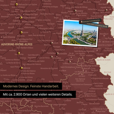 France map in Bordeaux red as canvas for pinning shows a section of Auvergne-Rhone-Alpes with many details such as national parks, rivers, and numerous small towns and cities, some of which are marked with pins
