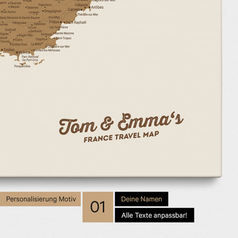 Landkarte von Frankreich als Pinnwand Leinwand in Bronze mit Personalisierung und Namen in einer modernen Schreibschrift