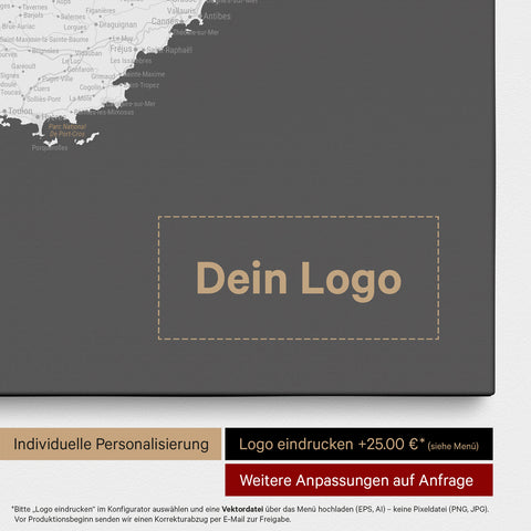 Frankrijk-kaart TRAVEL® Canvas Prikbord – Donkergrijs