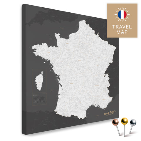 Frankreich-Landkarte in der Farbe Dunkelgrau in einem modernen, minimalistischem Design als Leinwand zum Pinnen von Reisen und Orten