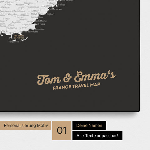 Landkarte von Frankreich als Pinnwand Leinwand in Schwarz-Weiß mit Personalisierung und Namen in einer modernen Schreibschrift
