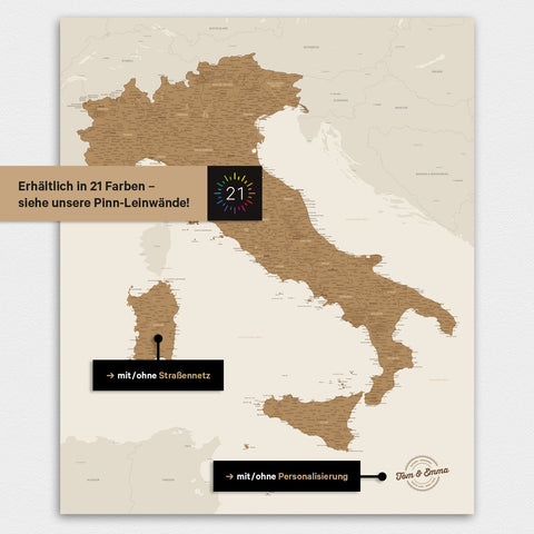 Italië-kaart TRAVEL® Magneetbord – in 21 kleuren
