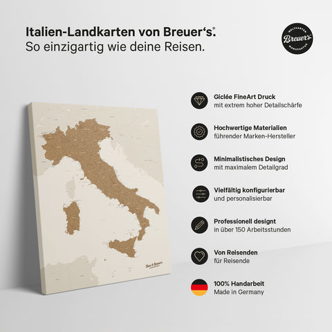 Italië-kaart TRAVEL® Canvas Prikbord – Brons