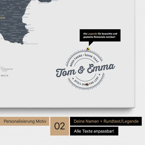 Italy map Push Pin Map in Denim Blue with personalization as a round logo that includes a legend for already visited travel destinations in circular text