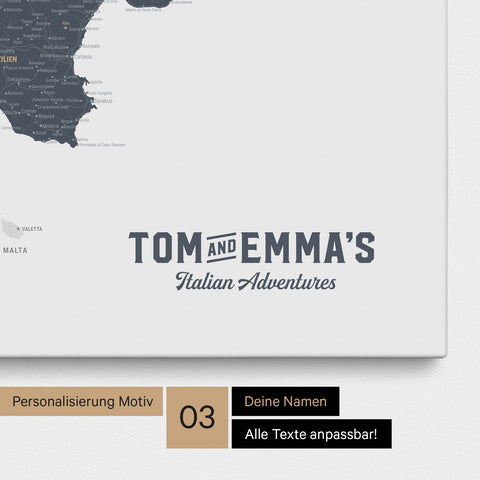 Italy map for pinning in Denim Blue with personalization in vintage style