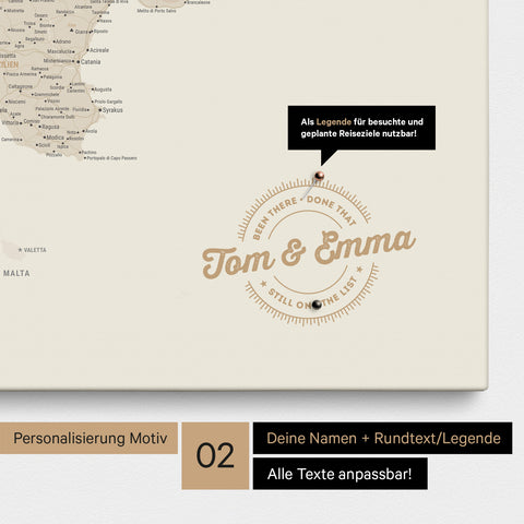 Italien-Karte Pinn-Leinwand in Gold mit Personalisierung als rundes Logo, das eine Legende für bereits besuchte Reiseziele im Rundtext beinhaltet