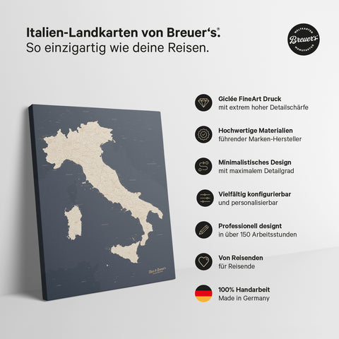 Italië-kaart TRAVEL® Canvas Prikbord – Hale Navy