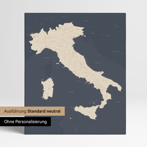 Neutrale Standard Ausführung der detaillierten Italien-Karte als Pinnwand Leinwand in Hale Navy (Dunkelblau Gold) ohne Personalisierung