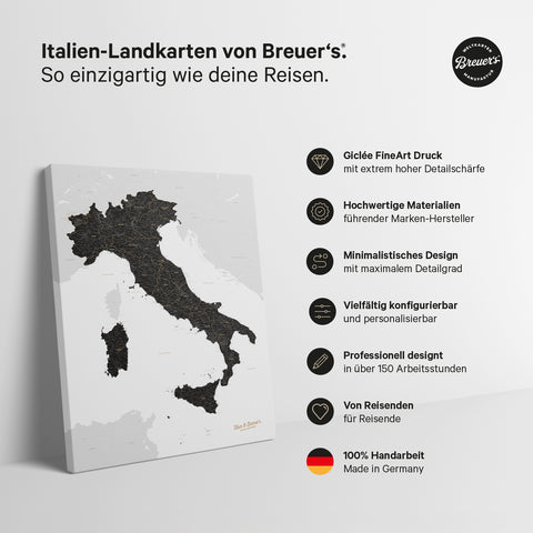 Italië-kaart TRAVEL® Canvas Prikbord – Licht Zwart