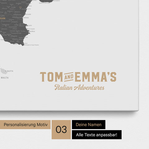 Italy map for pinning in light gray with personalization in vintage style