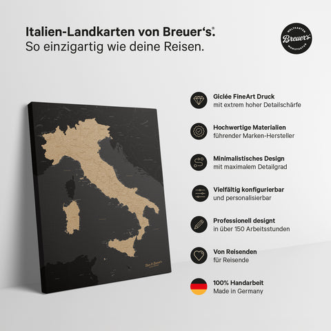 Italië-kaart TRAVEL® Canvas Prikbord – Sonar Black