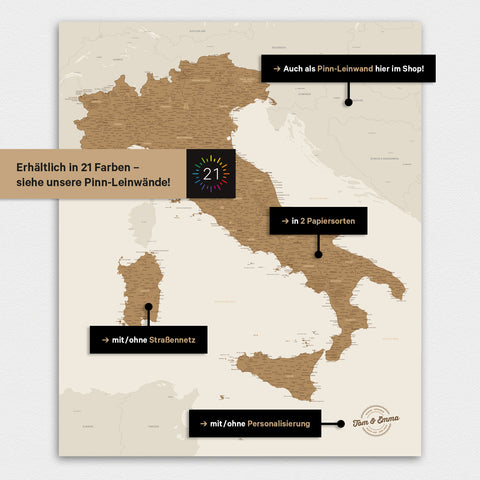 Italië-kaart TRAVEL® Premium Poster – in 21 kleuren