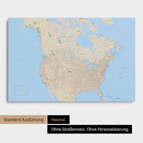 Neutrale und schlichte Ausführung einer Kanada & USA Karte als Pinn-Leinwand in Multicolor