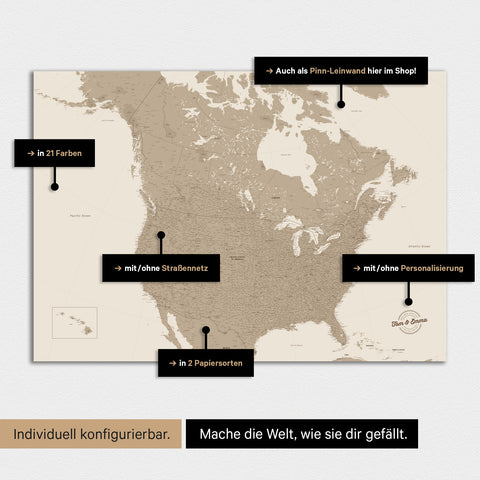Canada & USA Map TRAVEL® Premium Poster – in 21 colors