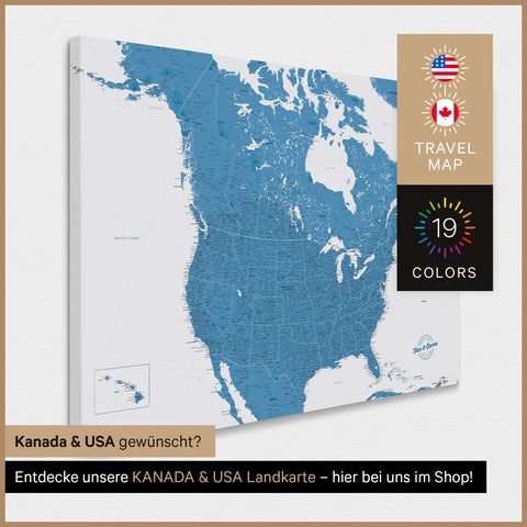 USA-kaart TRAVEL® Canvas Prikbord – Oceaanblauw