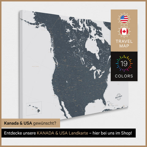 USA-kaart TRAVEL® Canvas Prikbord – Denim Blauw