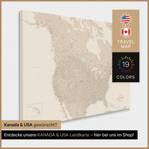 USA-kaart TRAVEL® Canvas Prikbord – Goud