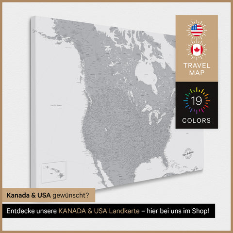 USA-kaart TRAVEL® Canvas Prikbord – Coolgray (Lichtgrijs)