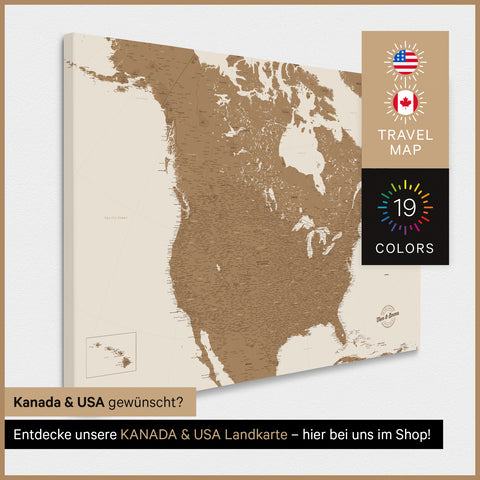 USA-kaart TRAVEL® Canvas Prikbord – Brons