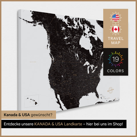 USA-kaart TRAVEL® Canvas Prikbord – Licht Zwart (Wit-Zwart)