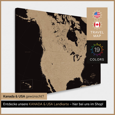 USA-kaart TRAVEL® Canvas Prikbord – Sonar Zwart (Zwart-Goud)