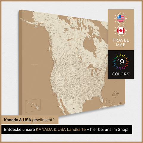 USA-kaart TRAVEL® Canvas Prikbord – Schat Goud