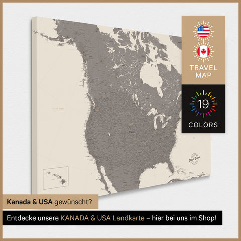 USA-kaart TRAVEL® Canvas Prikbord – Warmgray (Bruin-Grijs)