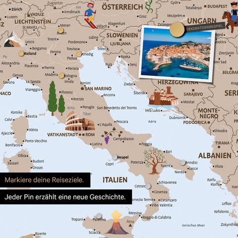 Uitsnede van een kinderkaart van Europa als magnetisch bord in de kleur bruin toont pins van reisbestemmingen in Italië