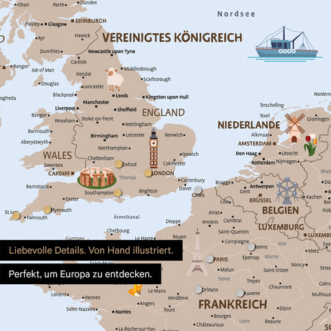 Uitsnede van een magnetische kinderkaart van Europa als magnetisch bord in de kleur bruin toont pins van reisbestemmingen in Frankrijk en Engeland