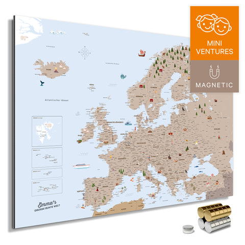 Kleurrijke Europese kaart voor kinderen in de kleur Bruin met liefdevolle illustraties en afbeeldingen als magnetisch bord om op te prikken en markeren kopen