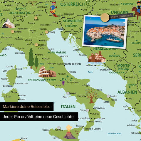 Uitsnede van een kinderkaart van Europa als magnetisch bord in de kleur Classic toont pins van reisbestemmingen in Italië