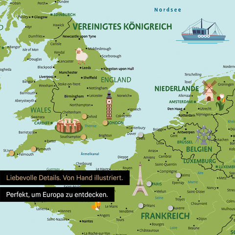 Uitsnede van een magnetische kinderkaart van Europa als magnetisch bord in de kleur Classic toont pins van reisbestemmingen in Frankrijk en Engeland