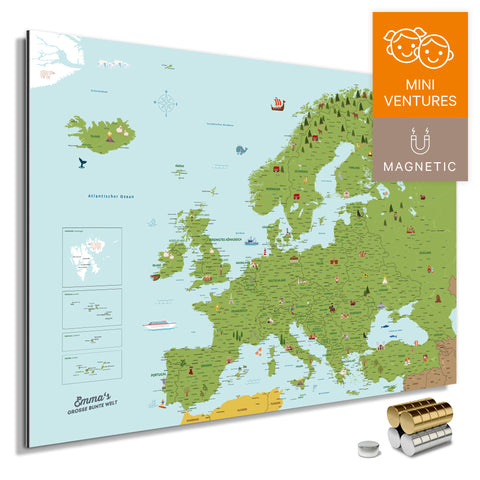 Kleurrijke Europese kaart voor kinderen in Classic-kleur met liefdevolle illustraties en afbeeldingen als magnetisch bord om op te prikken en markeren kopen