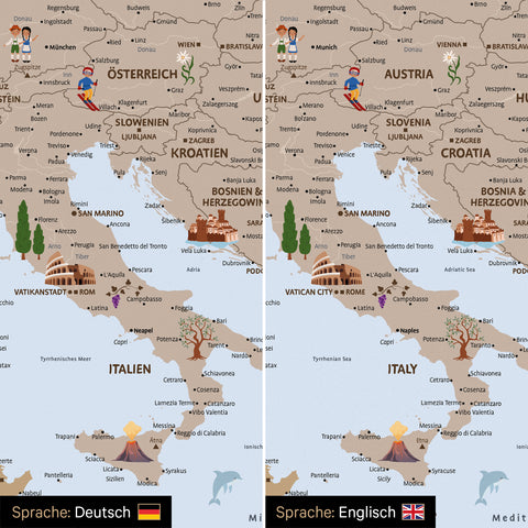 Vergleich einer Europakarte für Kinder in den Sprachen Deutsch und Englisch als Pinn-Leinwand in Farbe Brown