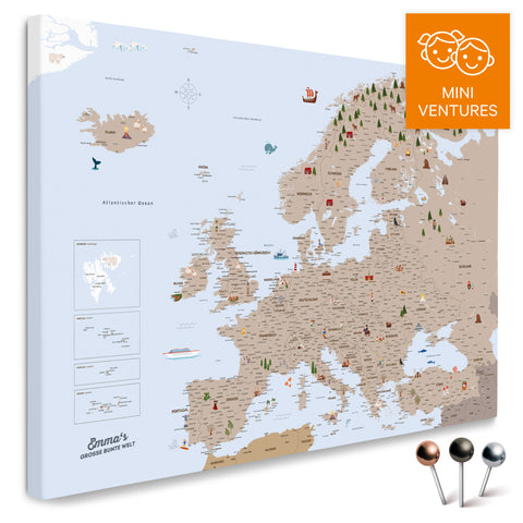 Colorful Europe map for children MINIVENTURES in Brown with charming illustrations and images, available as a Push Pin Map for pinning and marking, buy now
