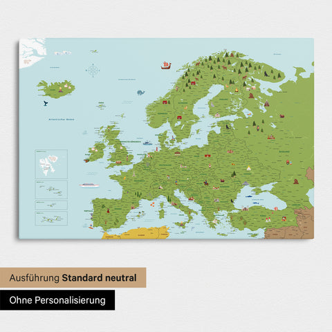 Neutrale en eenvoudige versie van een kinder-Europakaart als Canvas Prikbord in kleur Classic