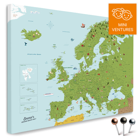 Kleurrijke Europese kaart voor kinderen MINIVENTURES in Classic-kleur met liefdevolle illustraties en afbeeldingen als Canvas Prikbord om te prikken en markeren kopen