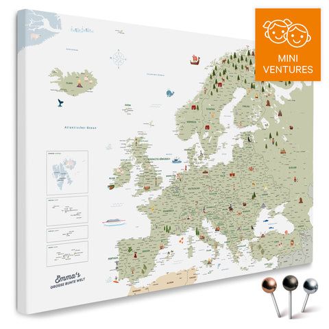 Colorful Europe map for children MINIVENTURES in White with loving illustrations and pictures as a Push Pin Map to buy for pinning and marking
