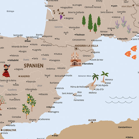 Uitsnede van een kinderkaart van Europa als poster in de kleur Bruin toont Spanje met illustraties