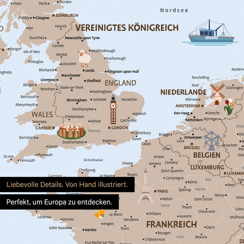 Uitsnede van een kinderkaart van Europa als poster in de kleur Bruin toont pins op reisbestemmingen in Frankrijk en Engeland