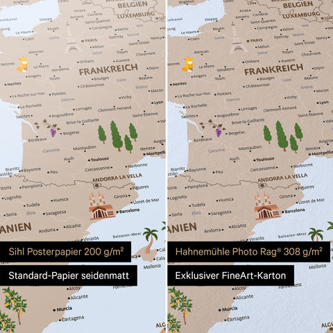 Europa-kaart voor kinderen in de kleur Bruin als poster op het papier Sihl Posterpapier of Hahnemühle Photo Rag